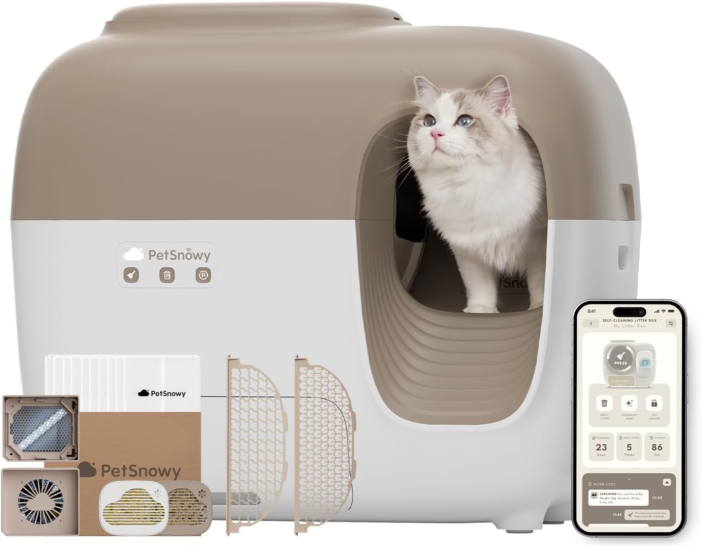 PetSnowy Katzenklo Selbstreinigend Katzentoilette mit TiO2-Geruchskontrollsystem, App-Steuerung, Auto-Packing für große Katzen & Mehrkatzenhaushalte 1,5-9 kg, Max Kapazität von 83L (2025 Premium)