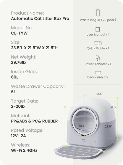 Katzenklo Selbstreinigend Katzentoilette Groß XXL, Automatisches Katzenklo Elektrisches, APP-Steuerung, Selbstreinigendes Katzenklo für 2 Katzen Mehrere Katzen, TY-PRO