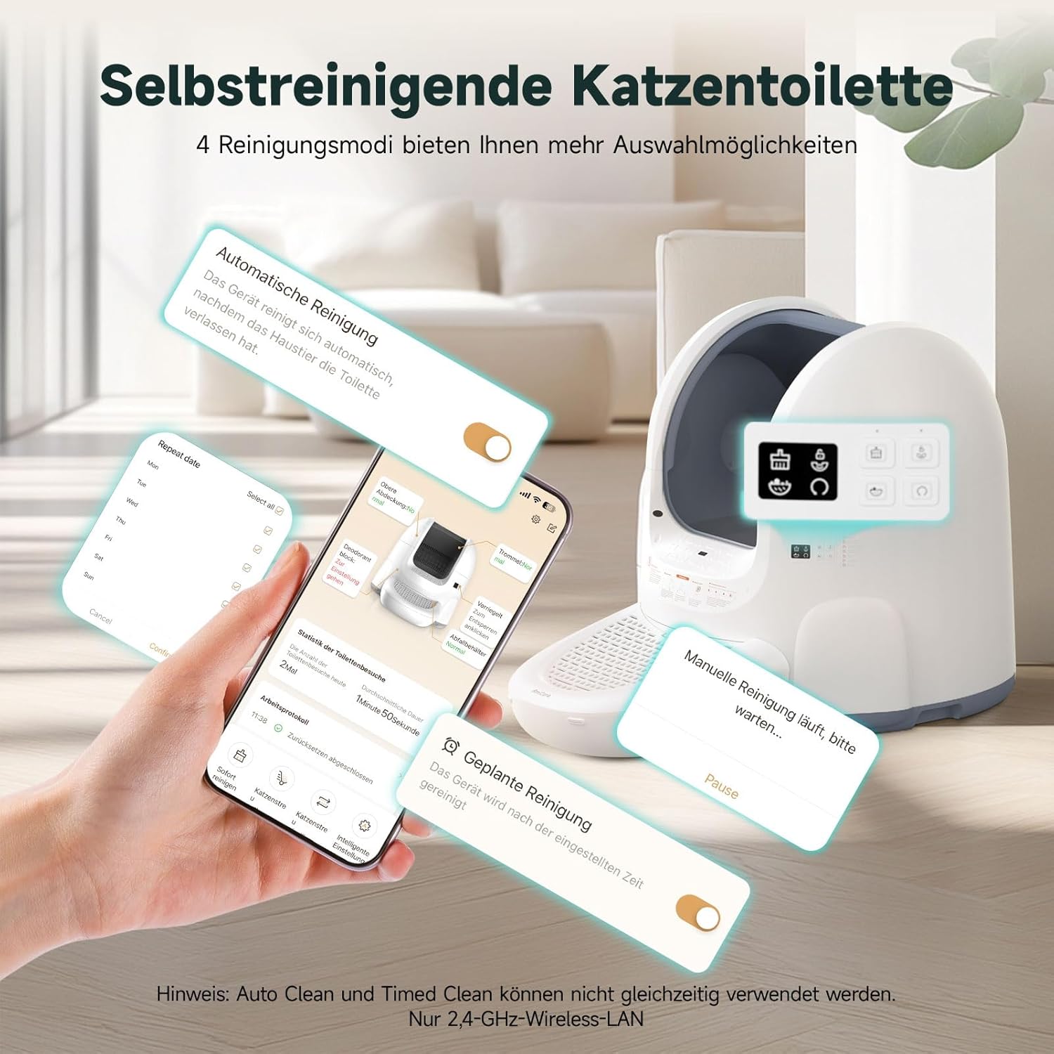 Amicura Cura 2 Selbstreinigende Katzentoilette, 360-Grad-Erkennung Intelligente Anti-Falle, App-Steuerung, 65L Katzenklo Selbstreinigend mit Offenem Dachfenster, Anti-Odor Große Elektrisches Katzenklo