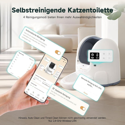 Amicura Cura 2 Selbstreinigende Katzentoilette, 360-Grad-Erkennung Intelligente Anti-Falle, App-Steuerung, 65L Katzenklo Selbstreinigend mit Offenem Dachfenster, Anti-Odor Große Elektrisches Katzenklo