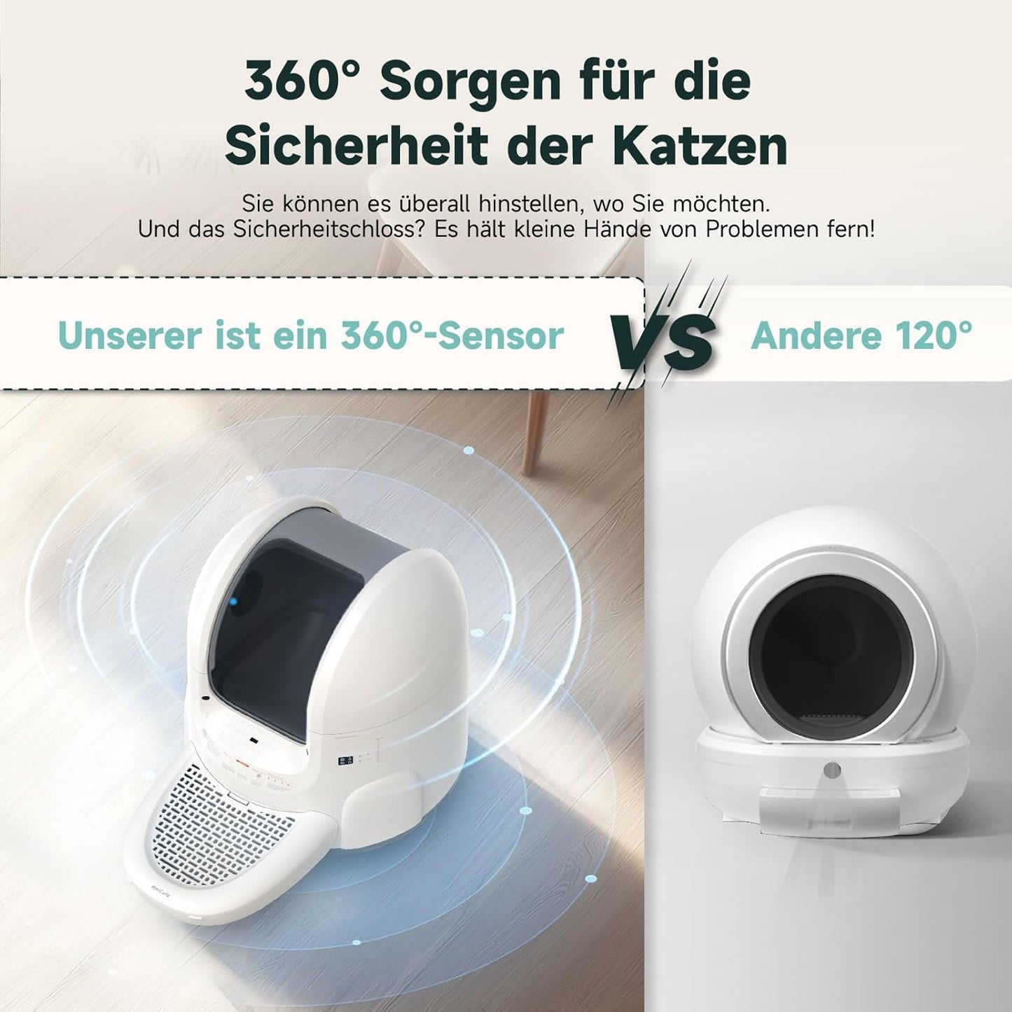 Amicura Cura 2 Selbstreinigende Katzentoilette, 360-Grad-Erkennung Intelligente Anti-Falle, App-Steuerung, 65L Katzenklo Selbstreinigend mit Offenem Dachfenster, Anti-Odor Große Elektrisches Katzenklo