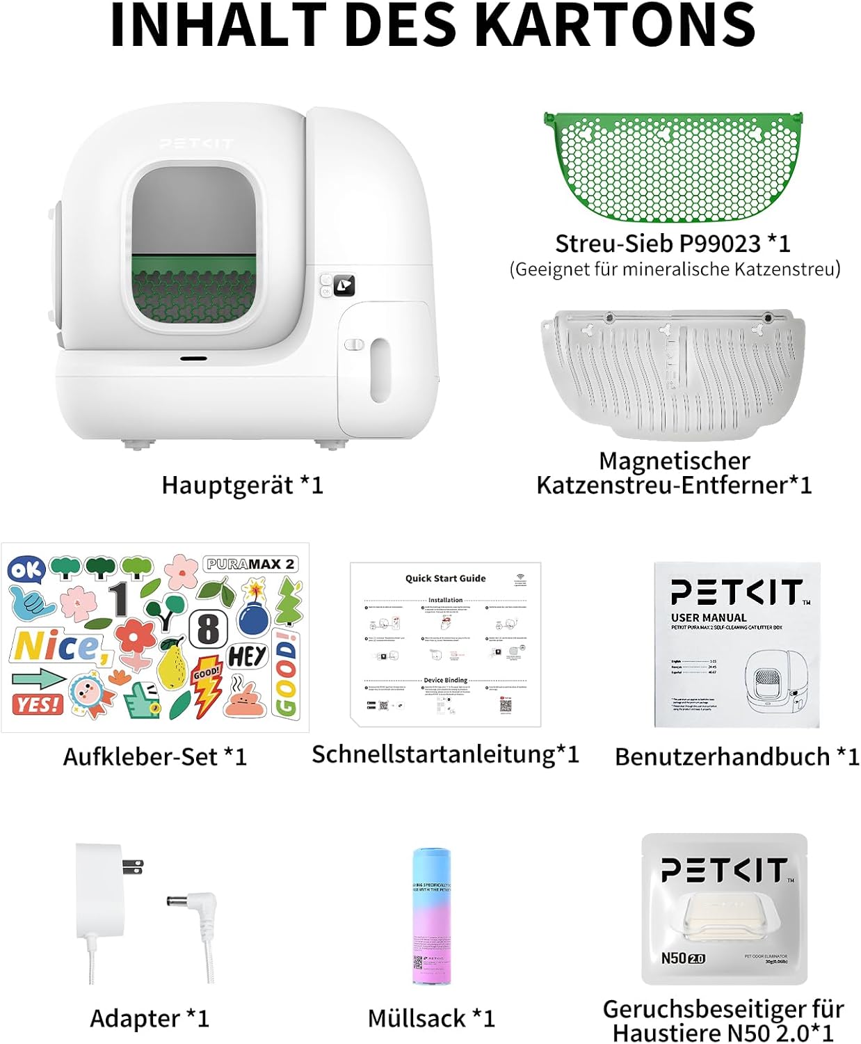 PETKIT Pura Max 2 Selbstreinigende Katzentoilette, 76L Katzenklo Selbstreinigend,xSecure,Geruchsbeseitigung,App-Steuerung,Große Fassungsvermögen,für Mehrere Katzen（Deo und Sandkissen Frei, mit N50）