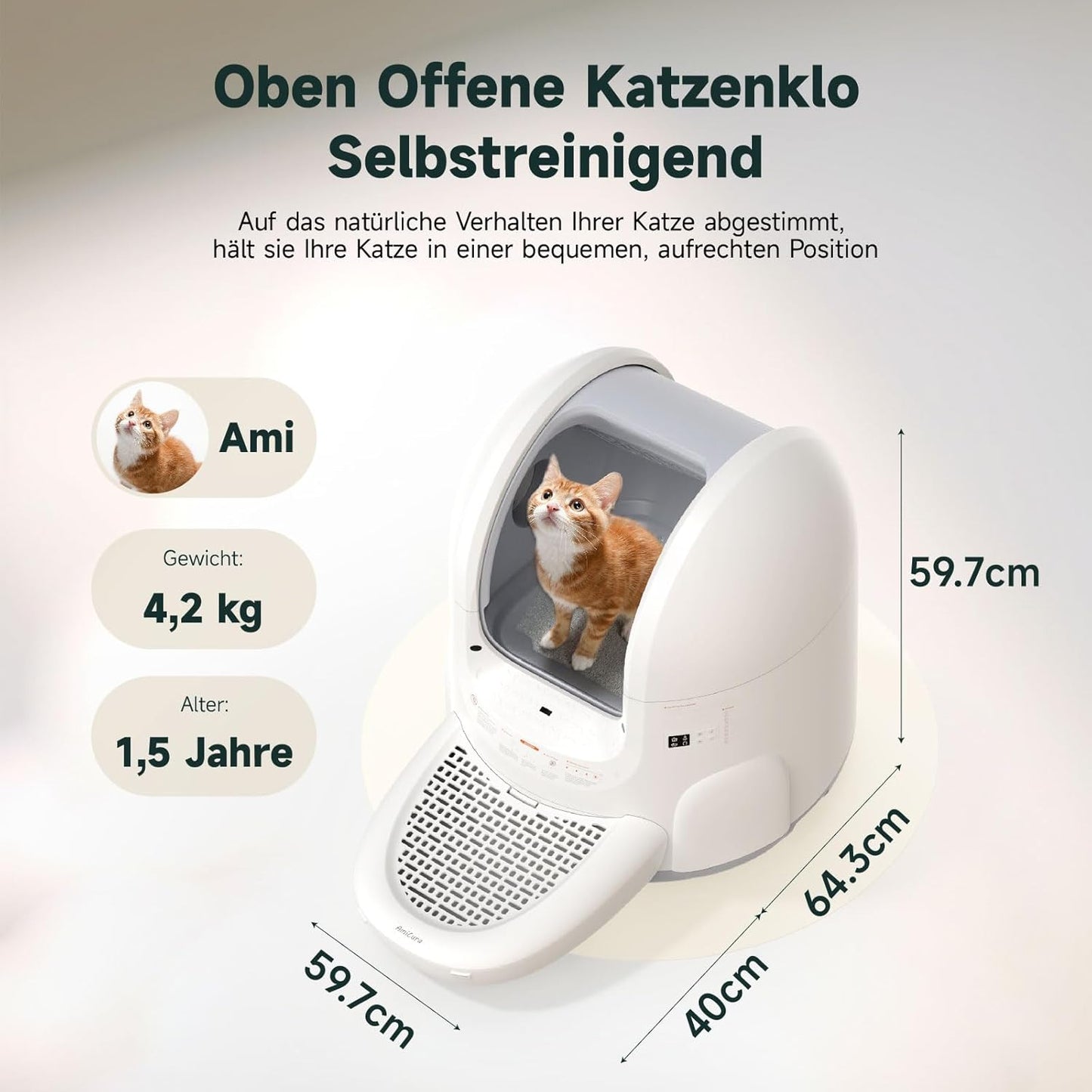 Amicura Cura 2 Selbstreinigende Katzentoilette, 360-Grad-Erkennung Intelligente Anti-Falle, App-Steuerung, 65L Katzenklo Selbstreinigend mit Offenem Dachfenster, Anti-Odor Große Elektrisches Katzenklo