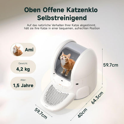 Amicura Cura 2 Selbstreinigende Katzentoilette, 360-Grad-Erkennung Intelligente Anti-Falle, App-Steuerung, 65L Katzenklo Selbstreinigend mit Offenem Dachfenster, Anti-Odor Große Elektrisches Katzenklo
