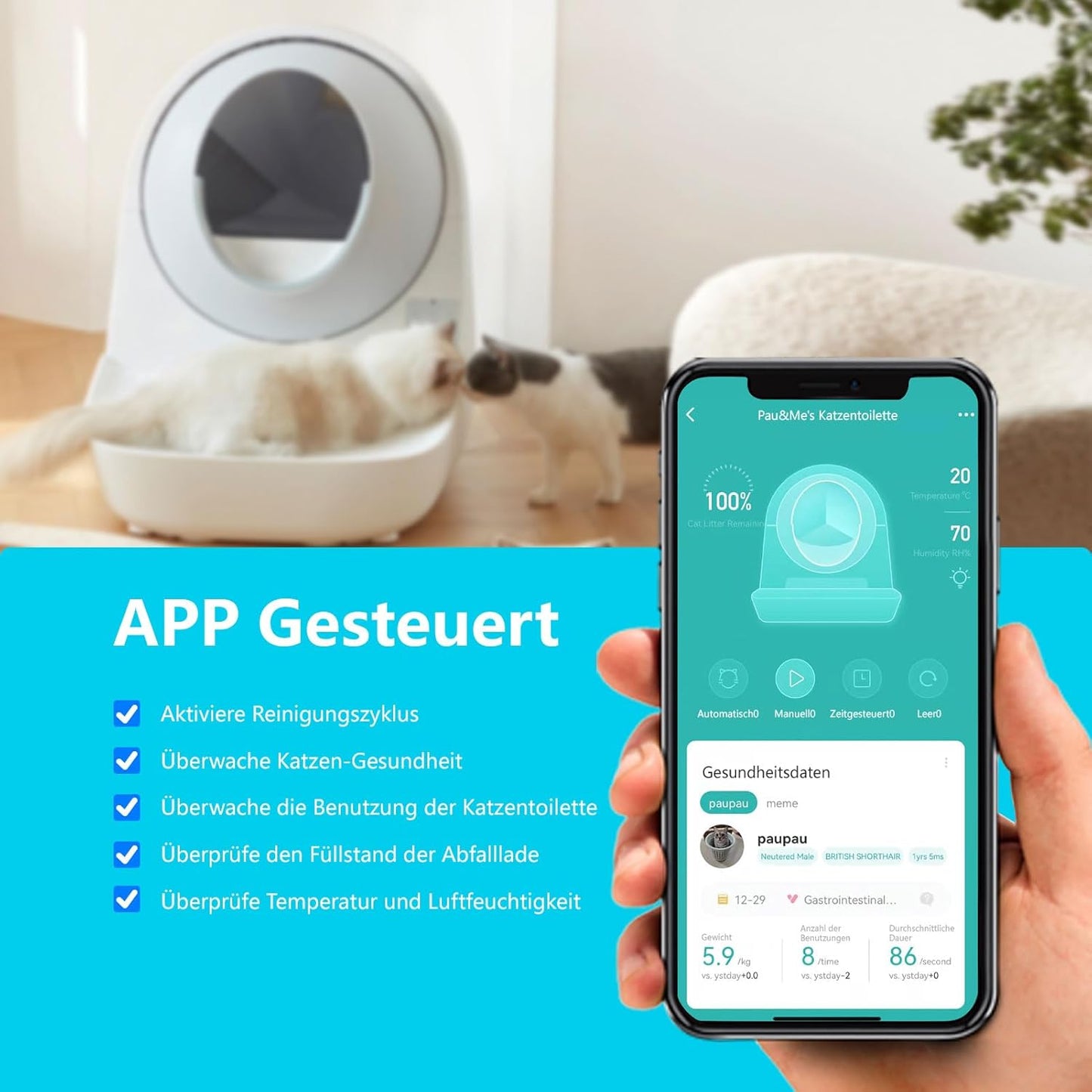CATLINK Pro-X Selbstreinigendes Katzenklo mit APP-13L Abfallbehälter für große Katzen, 4 Reinigungsmodi, 4-fache Geruchskontrolle (Ozon+UV+Aktivkohle+Deo-Gel), Multi-Katzen-Erkennung (Weiß)