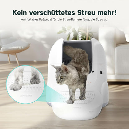 Amicura Cura 2 Selbstreinigende Katzentoilette, 360-Grad-Erkennung Intelligente Anti-Falle, App-Steuerung, 65L Katzenklo Selbstreinigend mit Offenem Dachfenster, Anti-Odor Große Elektrisches Katzenklo