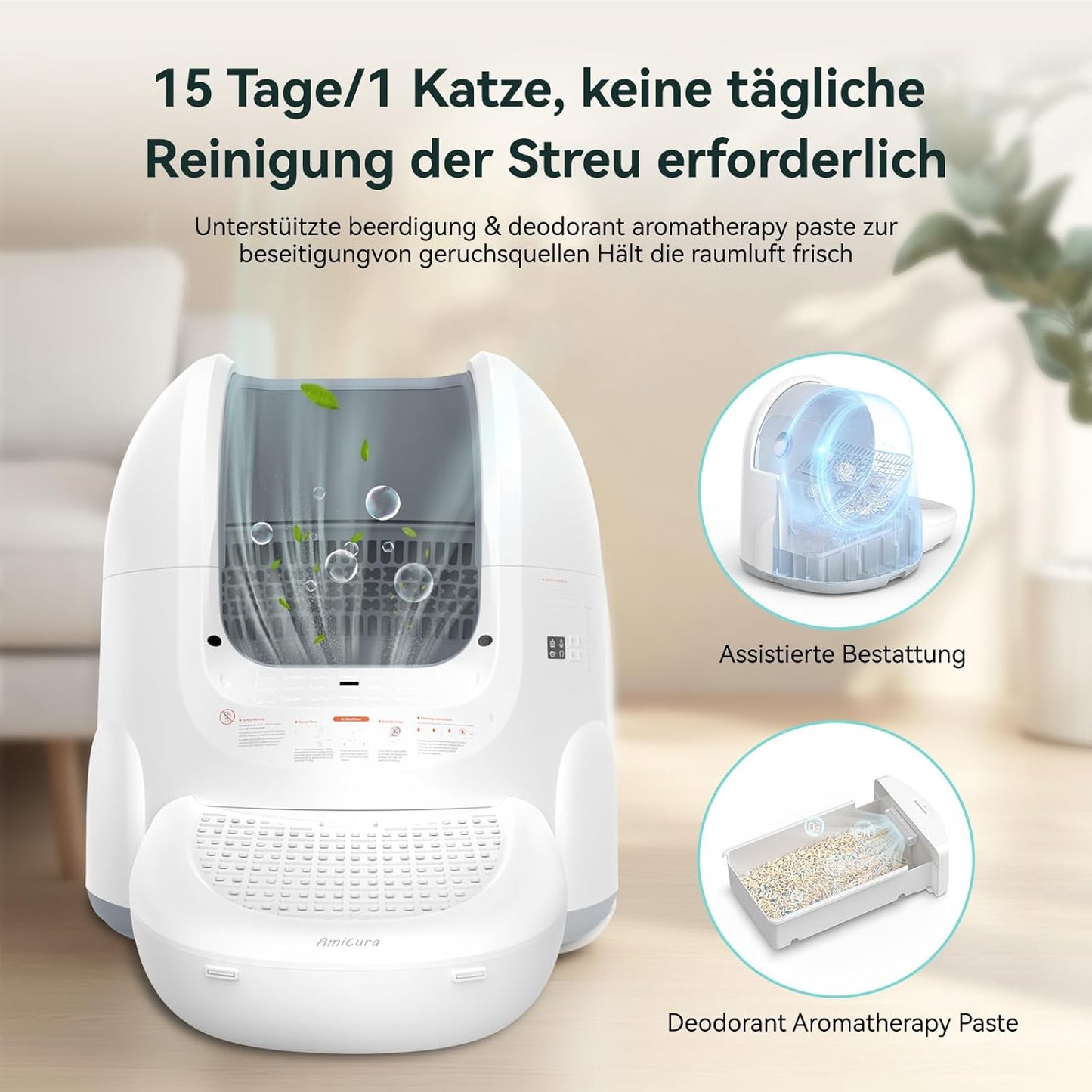 Amicura Cura 2 Selbstreinigende Katzentoilette, 360-Grad-Erkennung Intelligente Anti-Falle, App-Steuerung, 65L Katzenklo Selbstreinigend mit Offenem Dachfenster, Anti-Odor Große Elektrisches Katzenklo
