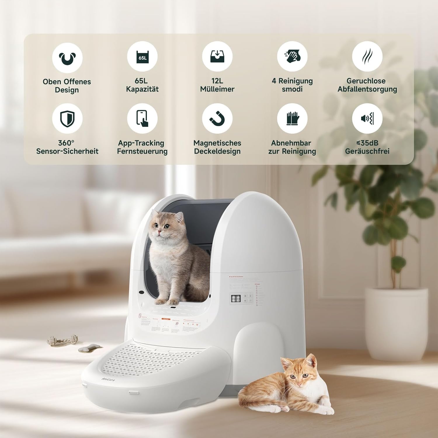 Amicura Cura 2 Selbstreinigende Katzentoilette, 360-Grad-Erkennung Intelligente Anti-Falle, App-Steuerung, 65L Katzenklo Selbstreinigend mit Offenem Dachfenster, Anti-Odor Große Elektrisches Katzenklo