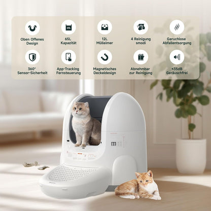 Amicura Cura 2 Selbstreinigende Katzentoilette, 360-Grad-Erkennung Intelligente Anti-Falle, App-Steuerung, 65L Katzenklo Selbstreinigend mit Offenem Dachfenster, Anti-Odor Große Elektrisches Katzenklo