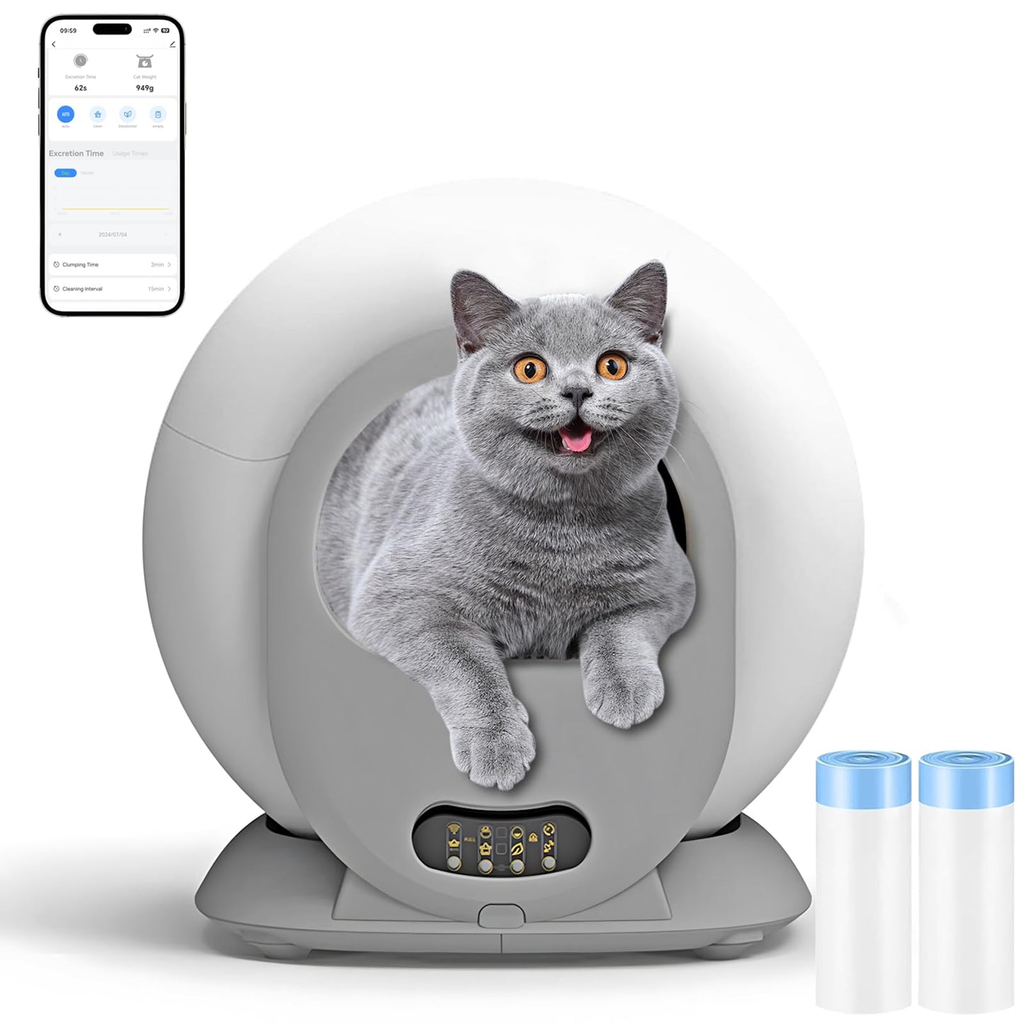 XQDKoon Katzenklo Selbstreinigend, 65L Selbstreinigende Katzentoilette mit 2 Rollen Müllsäcken und Katzenstreumatten, APP Steuerung, Überwachung der Gesundheit für Mehrere Katzen(A)