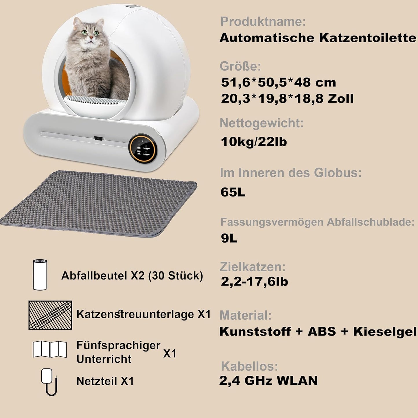 XQDKoon Katzenklo Selbstreinigend, 65L Selbstreinigende Katzentoilette mit 2 Rollen Müllsäcken und Katzenstreumatten, APP Steuerung, Überwachung der Gesundheit für Mehrere Katzen(A)