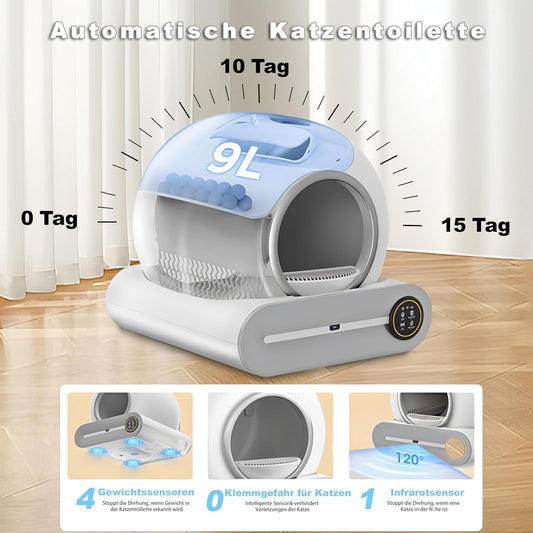 XQDKoon Katzenklo Selbstreinigend, 65L Selbstreinigende Katzentoilette mit 2 Rollen Müllsäcken und Katzenstreumatten, APP Steuerung, Überwachung der Gesundheit für Mehrere Katzen(A)