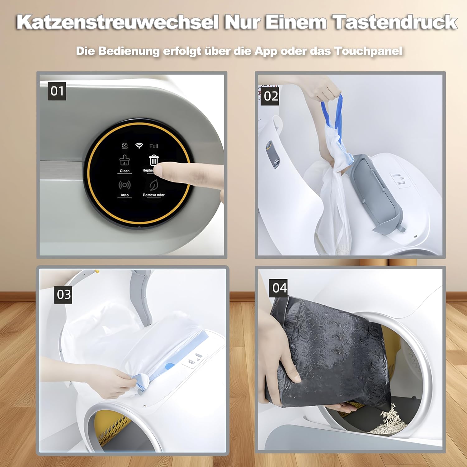 XQDKoon Katzenklo Selbstreinigend, 65L Selbstreinigende Katzentoilette mit 2 Rollen Müllsäcken und Katzenstreumatten, APP Steuerung, Überwachung der Gesundheit für Mehrere Katzen(A)