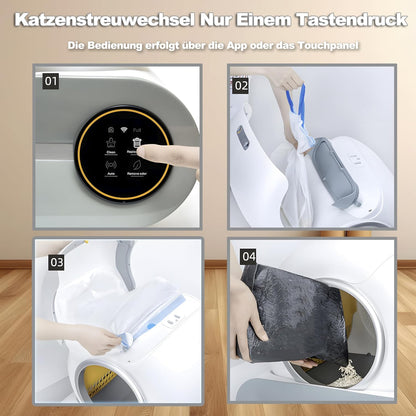 XQDKoon Katzenklo Selbstreinigend, 65L Selbstreinigende Katzentoilette mit 2 Rollen Müllsäcken und Katzenstreumatten, APP Steuerung, Überwachung der Gesundheit für Mehrere Katzen(A)