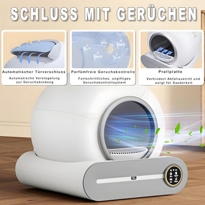 XQDKoon Katzenklo Selbstreinigend, 65L Selbstreinigende Katzentoilette mit 2 Rollen Müllsäcken und Katzenstreumatten, APP Steuerung, Überwachung der Gesundheit für Mehrere Katzen(A)